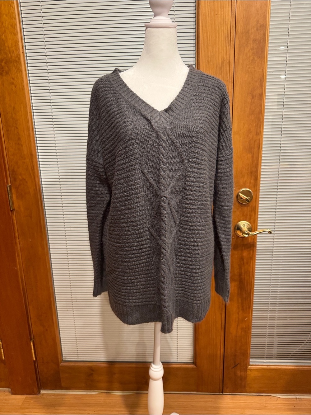 Fever V-Neck Cable Knit Sweater - Charcoal XL